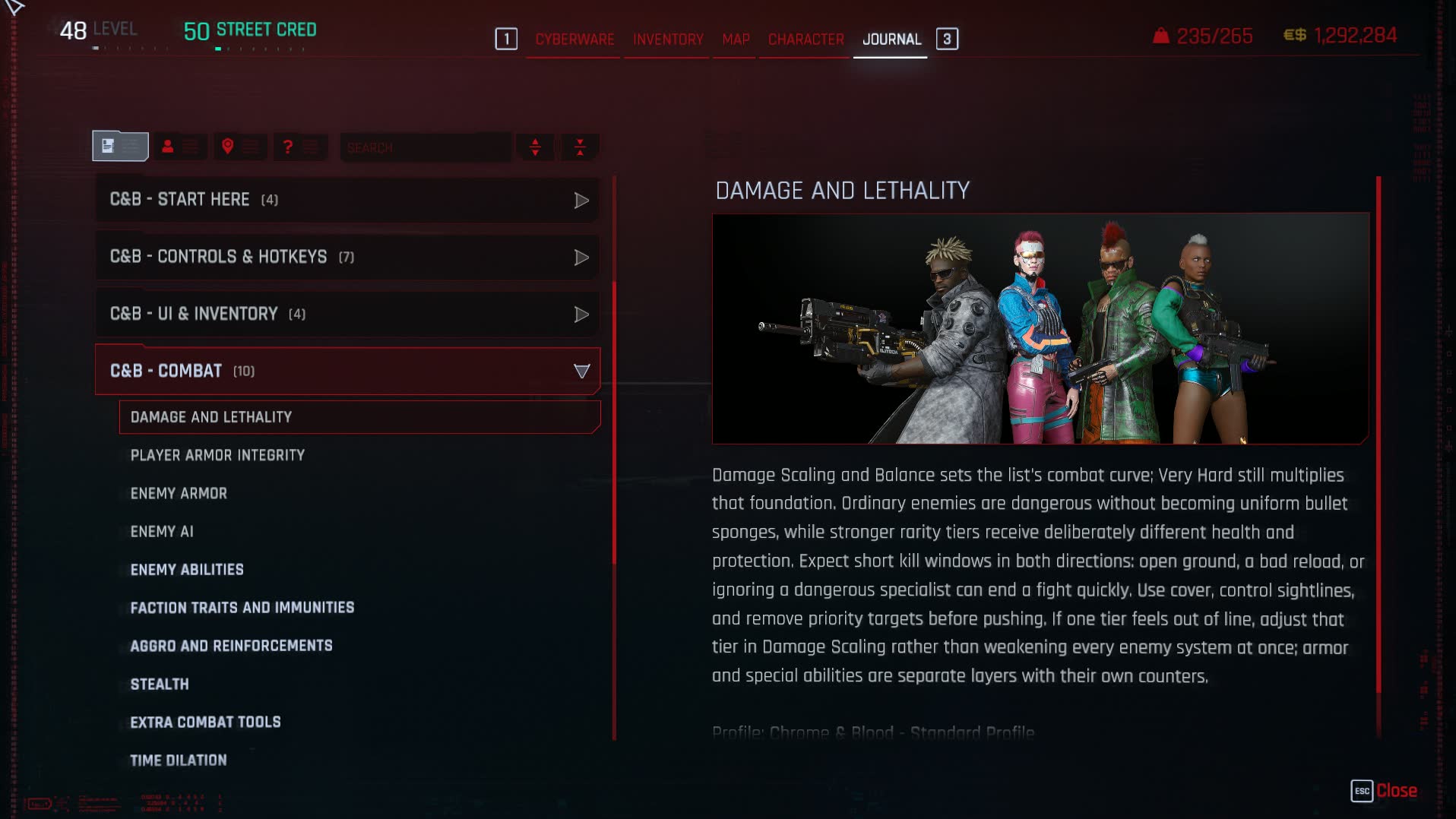 Damage and Lethality entry in the Chrome and Blood in-game guide