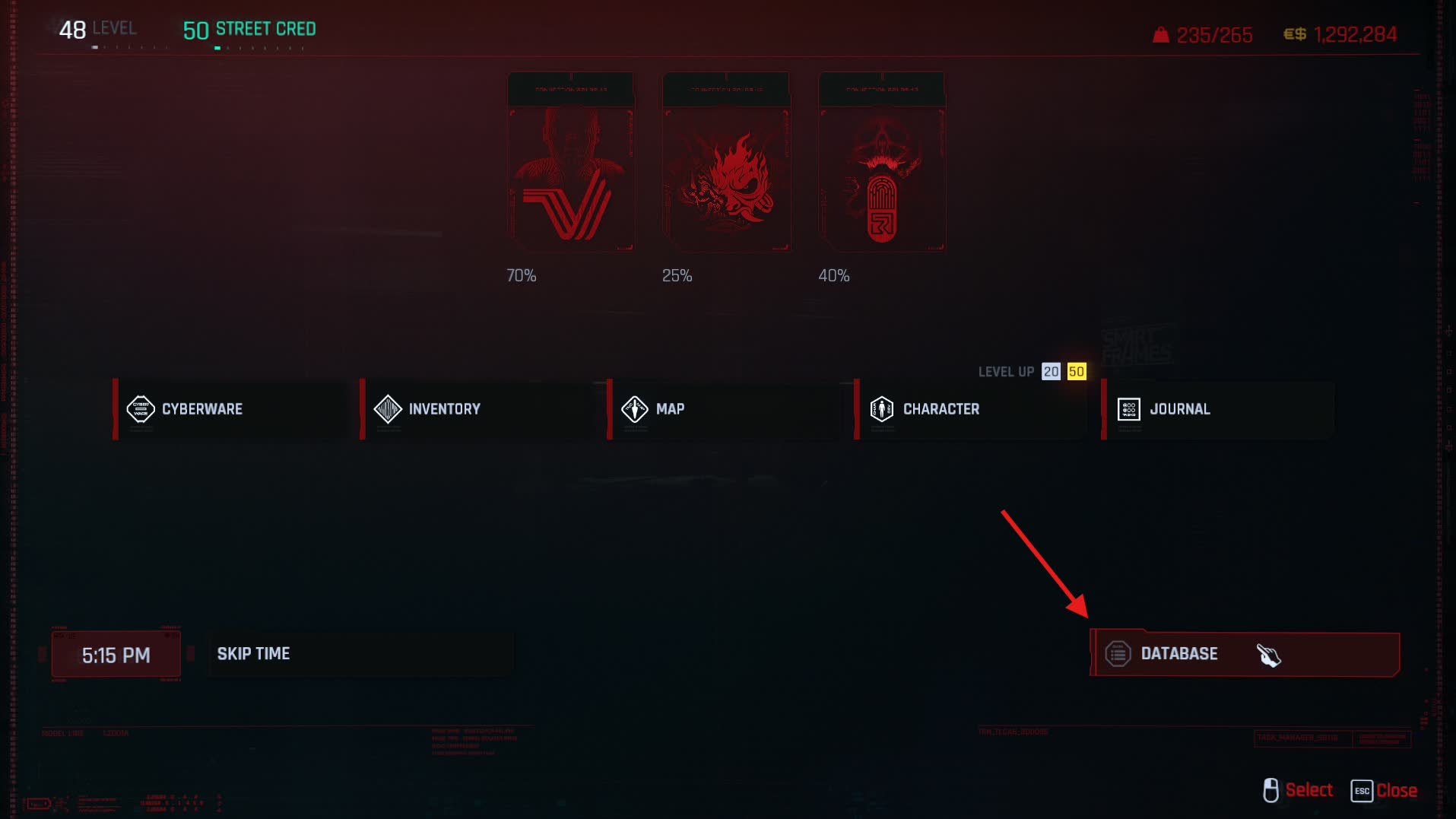 Database button highlighted in the Cyberpunk 2077 Character menu