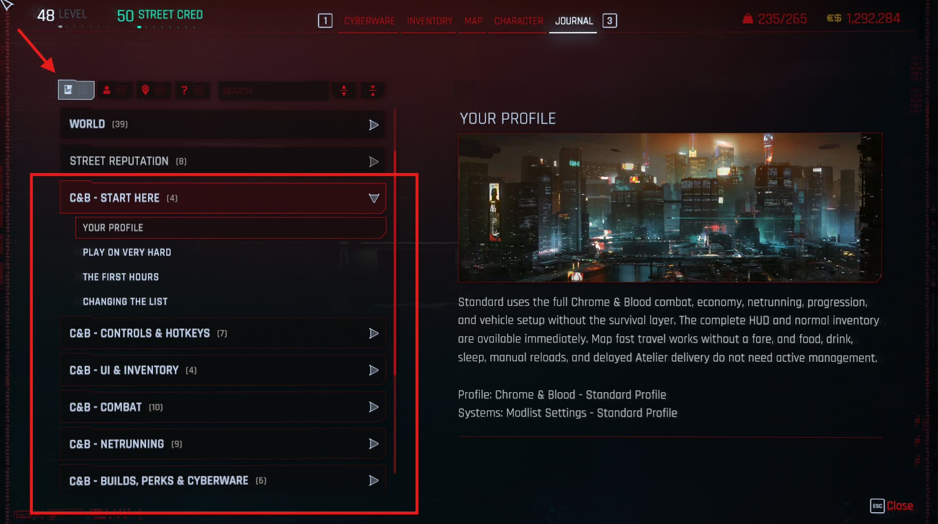Chrome and Blood sections in the in-game Database